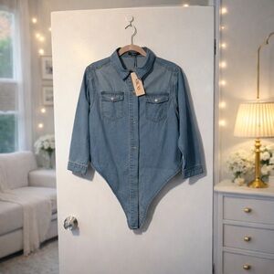 🏷️ Mica’s Tie-Front Denim Button-Up Shirt | Western Chic Jean Jacket Size XL